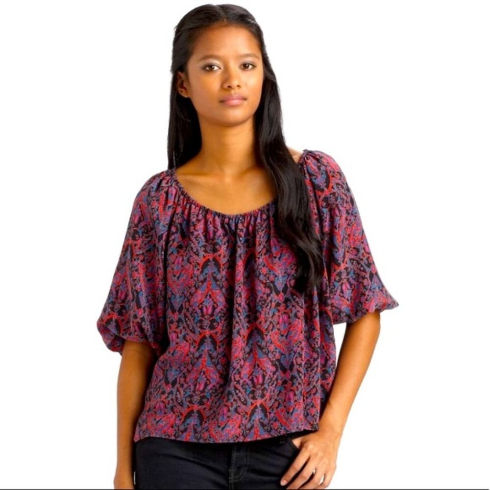 Joie Newberry Silk Abstract Paisley Print Blouse Ruffle Sleeves Size XS